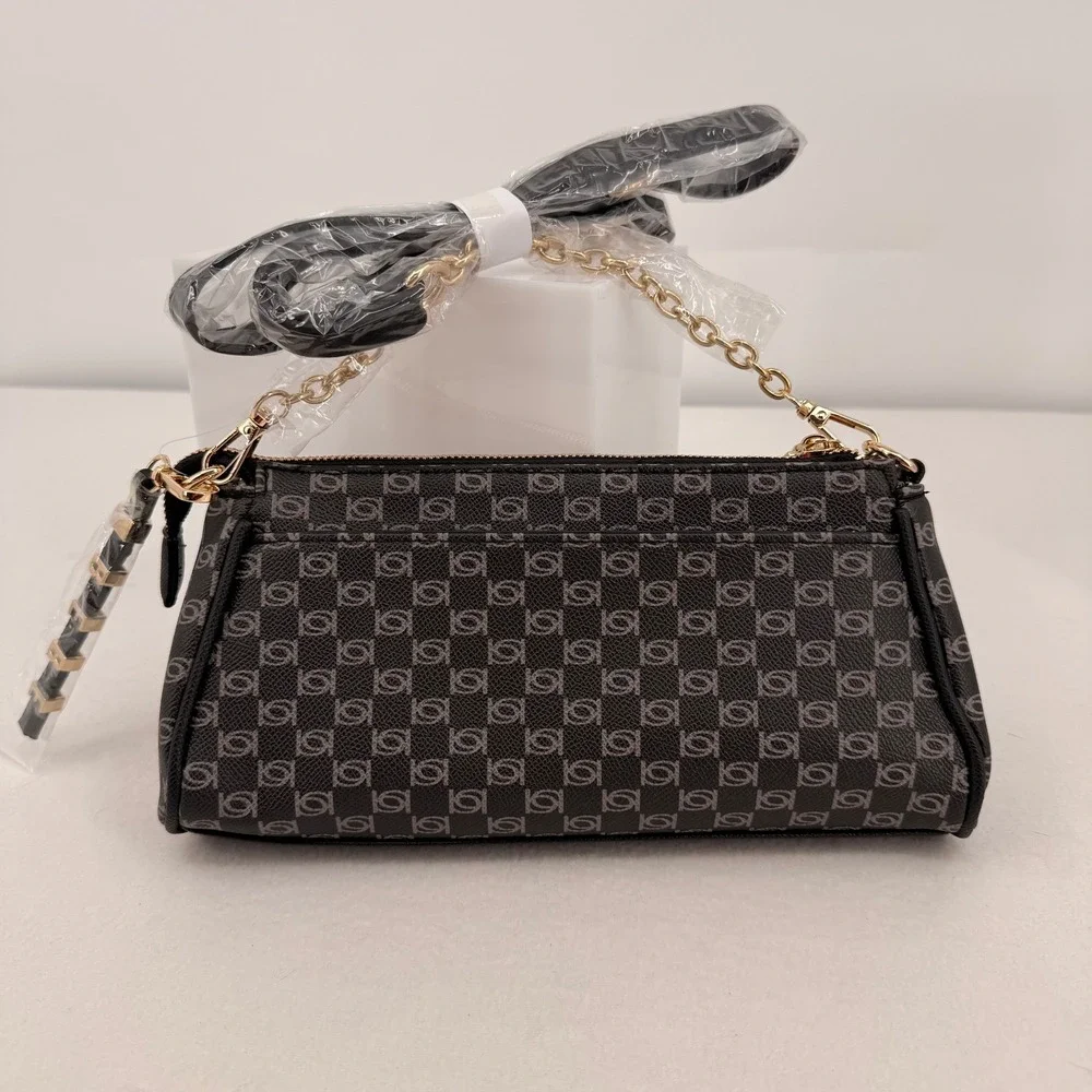 Bebe Adela Monogram Baguette Crossbody Bag Black Logo Print E02-5307PM NEW
